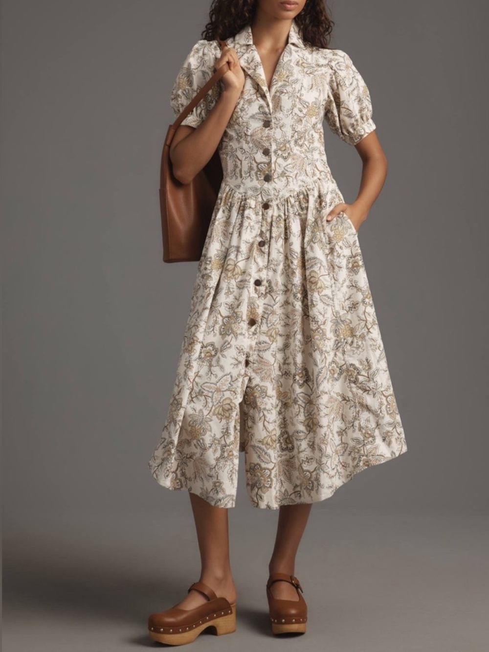 Floral Button-Front Midi Dress in Cream and Brown